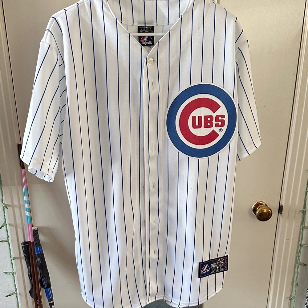 Majestic MLB Chicago Cubs Alfonso Soriano White and Blue Pinstripe Jersey Medium